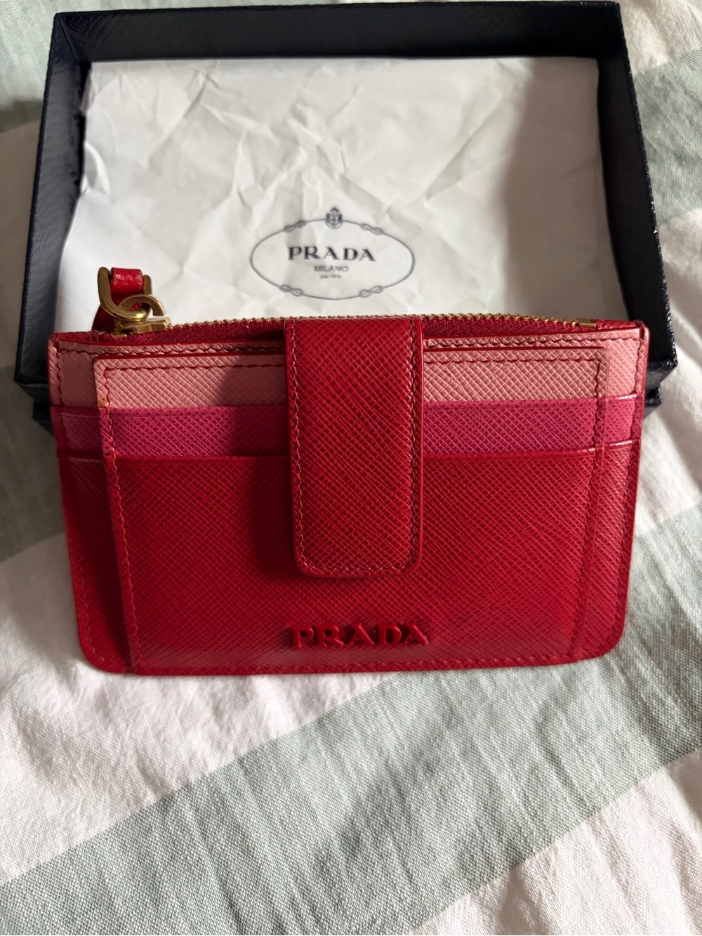 Prada Red & Pink Saffiano Leather Card Holder